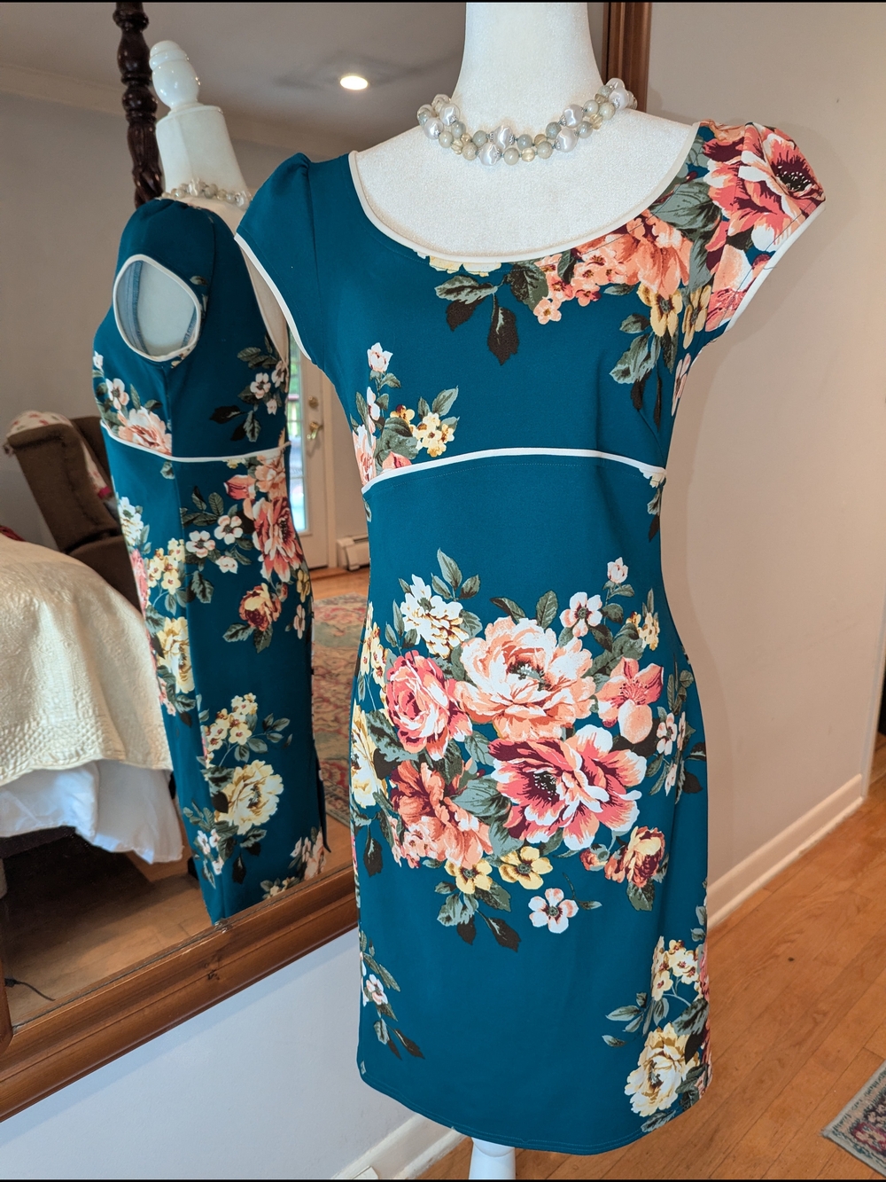Rock Steady Teal Floral Cap-Sleeve Sheath Dress with Ivory Trim